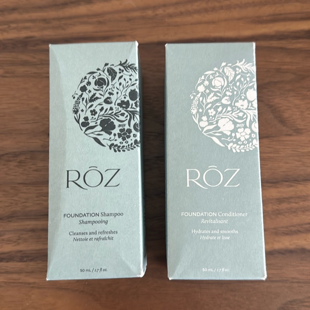 BNIB ROZ travel size shampoo and conditioner in original packaging